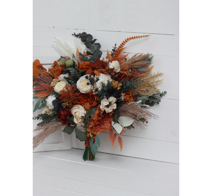 Wedding bouquets in burnt orange ivory navy blue colors. Bridal bouquet. Cascading bouquet. Faux bouquet. Bridesmaid bouquet. 5111