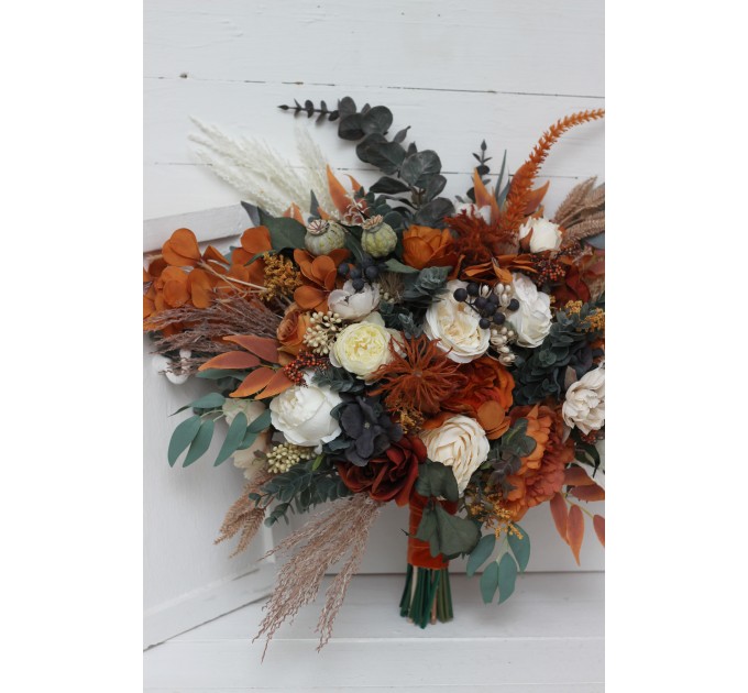 Wedding bouquets in burnt orange ivory navy blue colors. Bridal bouquet. Cascading bouquet. Faux bouquet. Bridesmaid bouquet. 5111
