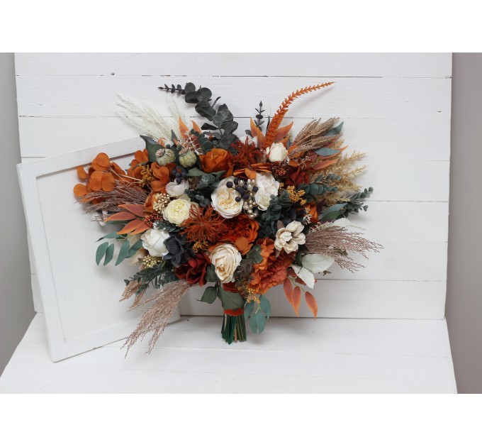 Wedding bouquets in burnt orange ivory navy blue colors. Bridal bouquet. Cascading bouquet. Faux bouquet. Bridesmaid bouquet. 5111