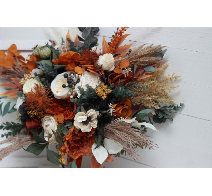 Wedding bouquets in burnt orange ivory navy blue colors. Bridal bouquet. Cascading bouquet. Faux bouquet. Bridesmaid bouquet. 5111