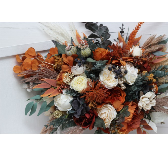Wedding bouquets in burnt orange ivory navy blue colors. Bridal bouquet. Cascading bouquet. Faux bouquet. Bridesmaid bouquet. 5111