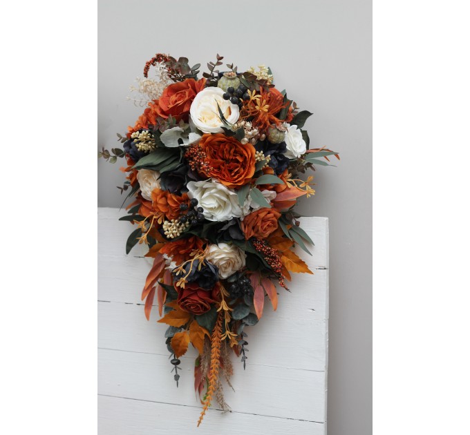 Wedding bouquets in burnt orange ivory navy blue colors. Bridal bouquet. Cascading bouquet. Faux bouquet. Bridesmaid bouquet. 5111