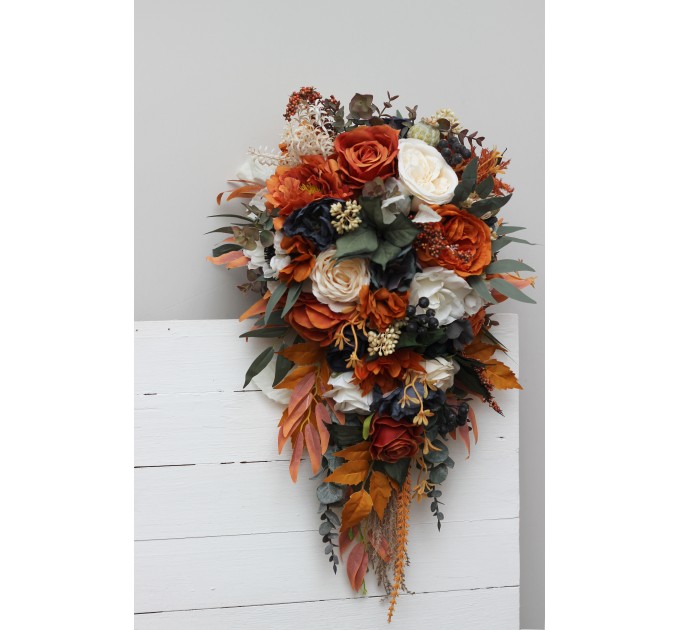 Wedding bouquets in burnt orange ivory navy blue colors. Bridal bouquet. Cascading bouquet. Faux bouquet. Bridesmaid bouquet. 5111