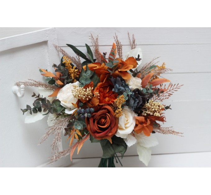 Wedding bouquets in burnt orange ivory navy blue colors. Bridal bouquet. Cascading bouquet. Faux bouquet. Bridesmaid bouquet. 5111