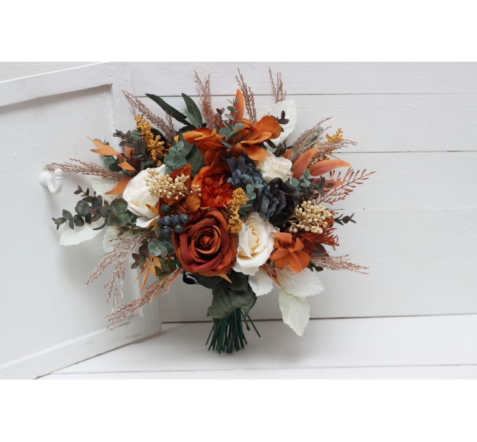 Wedding bouquets in burnt orange ivory navy blue colors. Bridal bouquet. Cascading bouquet. Faux bouquet. Bridesmaid bouquet. 5111