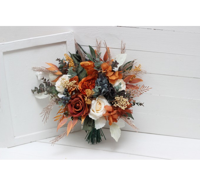 Wedding bouquets in burnt orange ivory navy blue colors. Bridal bouquet. Cascading bouquet. Faux bouquet. Bridesmaid bouquet. 5111