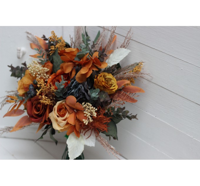 Wedding bouquets in burnt orange ivory navy blue colors. Bridal bouquet. Cascading bouquet. Faux bouquet. Bridesmaid bouquet. 5111