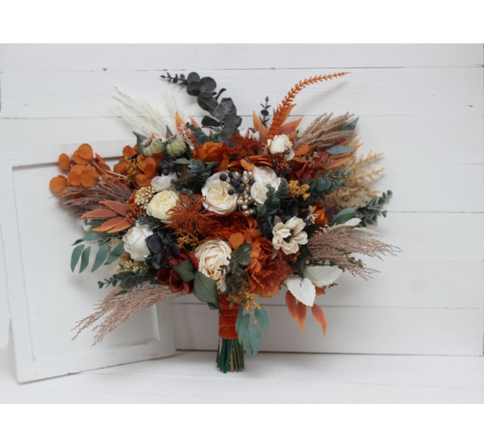 Wedding bouquets in burnt orange ivory navy blue colors. Bridal bouquet. Cascading bouquet. Faux bouquet. Bridesmaid bouquet. 5111