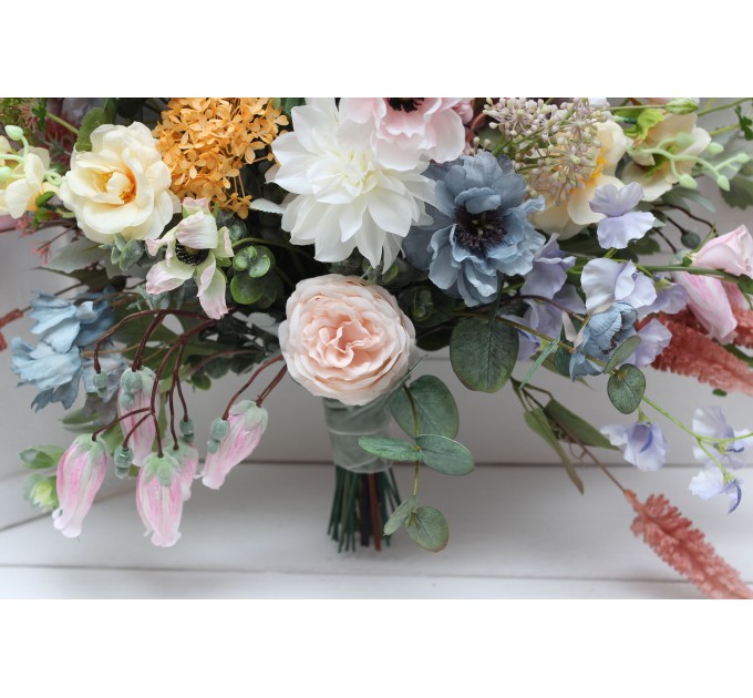 Wildflowers. Wedding bouquets in pink yellow dusty blue colors. Bridal bouquet. Faux bouquet. Bridesmaid bouquet. Summer wedding. 5110