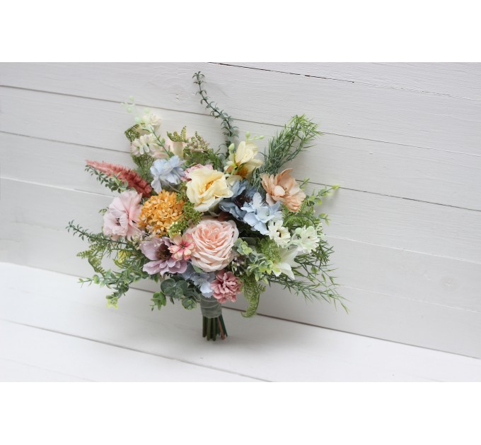 Wildflowers. Wedding bouquets in pink yellow dusty blue colors. Bridal bouquet. Faux bouquet. Bridesmaid bouquet. Summer wedding. 5110