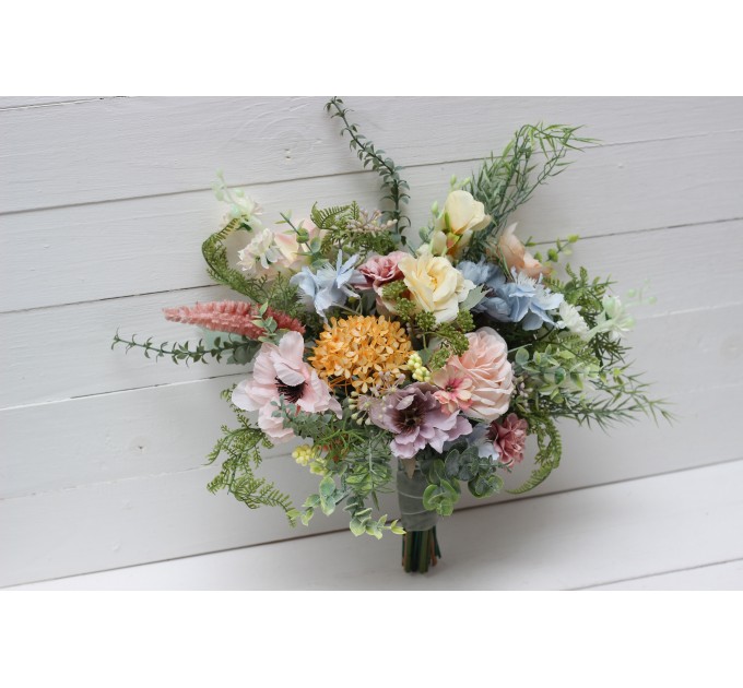 Wildflowers. Wedding bouquets in pink yellow dusty blue colors. Bridal bouquet. Faux bouquet. Bridesmaid bouquet. Summer wedding. 5110