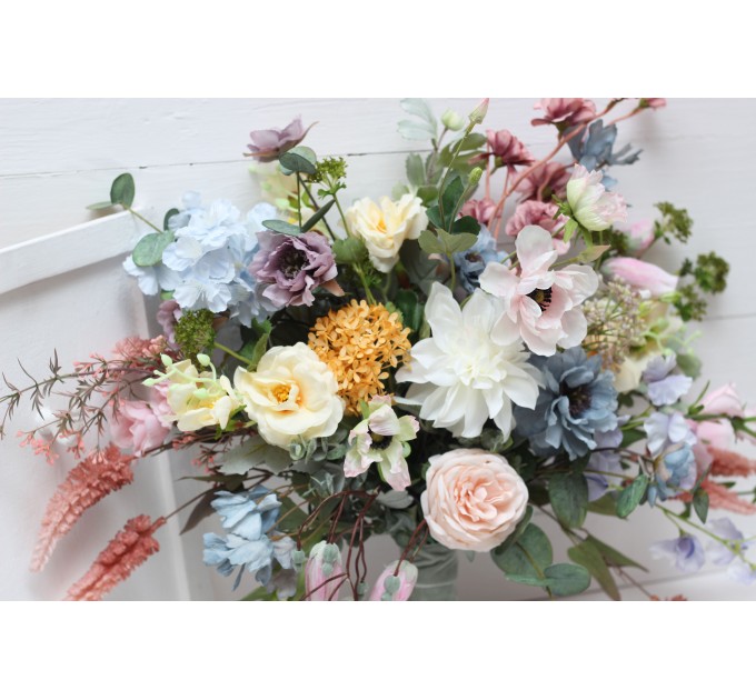 Wildflowers. Wedding bouquets in pink yellow dusty blue colors. Bridal bouquet. Faux bouquet. Bridesmaid bouquet. Summer wedding. 5110