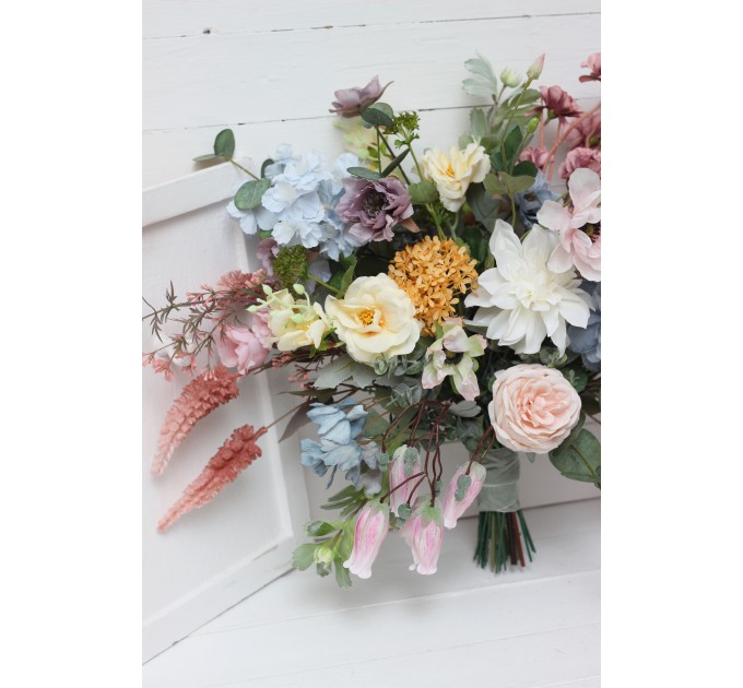 Wildflowers. Wedding bouquets in pink yellow dusty blue colors. Bridal bouquet. Faux bouquet. Bridesmaid bouquet. Summer wedding. 5110
