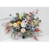 Wildflowers. Wedding bouquets in pink yellow dusty blue colors. Bridal bouquet. Faux bouquet. Bridesmaid bouquet. Summer wedding. 5110