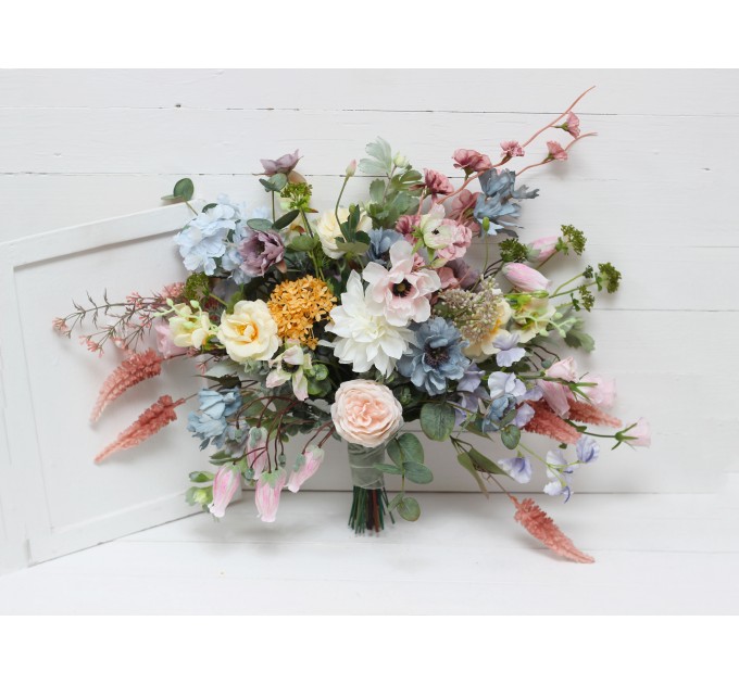 Wildflowers. Wedding bouquets in pink yellow dusty blue colors. Bridal bouquet. Faux bouquet. Bridesmaid bouquet. Summer wedding. 5110