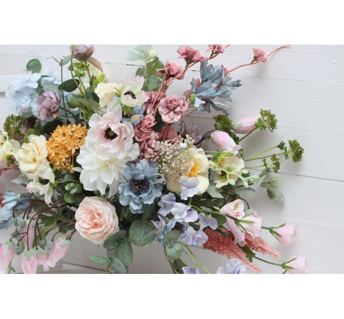 Wildflowers. Wedding bouquets in pink yellow dusty blue colors. Bridal bouquet. Faux bouquet. Bridesmaid bouquet. Summer wedding. 5110