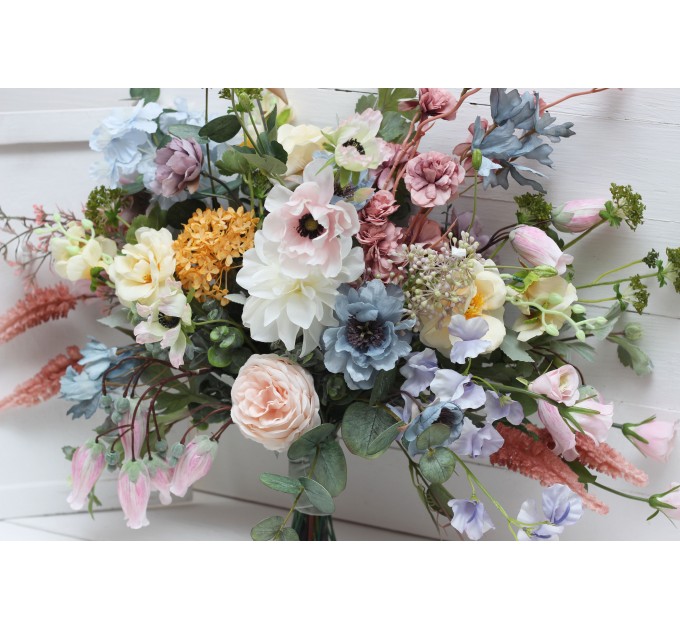 Wildflowers. Wedding bouquets in pink yellow dusty blue colors. Bridal bouquet. Faux bouquet. Bridesmaid bouquet. Summer wedding. 5110