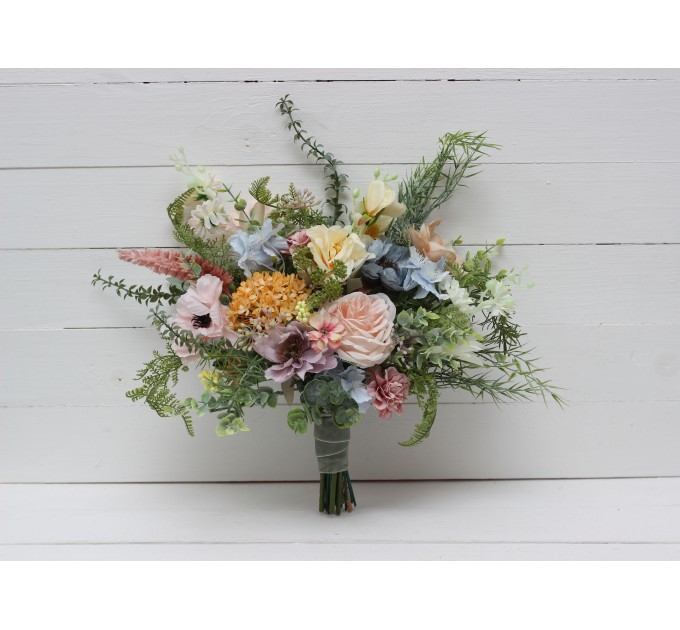 Wildflowers. Wedding bouquets in pink yellow dusty blue colors. Bridal bouquet. Faux bouquet. Bridesmaid bouquet. Summer wedding. 5110
