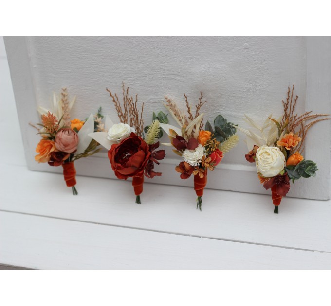  Wedding boutonnieres and wrist corsage  in burnt orange ivory color scheme. Flower accessories. 5109