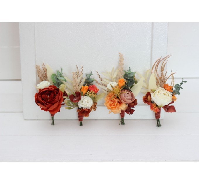  Wedding boutonnieres and wrist corsage  in burnt orange ivory color scheme. Flower accessories. 5109