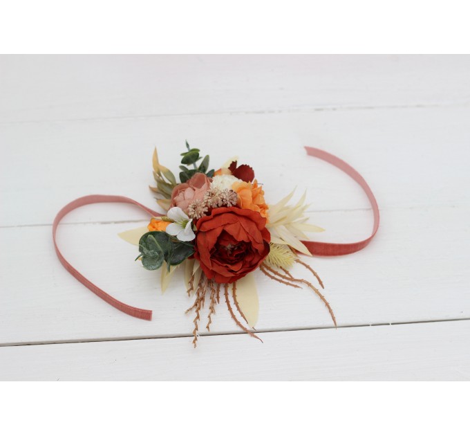  Wedding boutonnieres and wrist corsage  in burnt orange ivory color scheme. Flower accessories. 5109