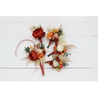  Wedding boutonnieres and wrist corsage  in burnt orange ivory color scheme. Flower accessories. 5109