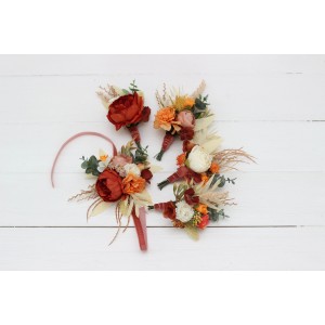  Wedding boutonnieres and wrist corsage  in burnt orange ivory color scheme. Flower accessories. 5109