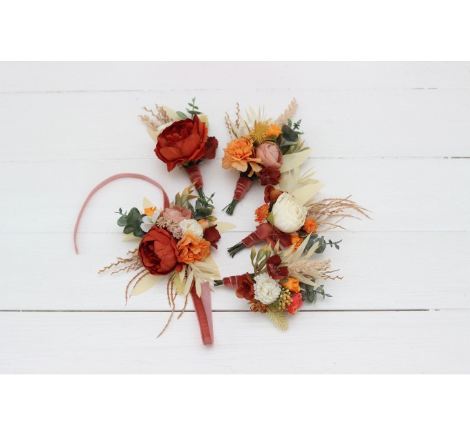  Wedding boutonnieres and wrist corsage  in burnt orange ivory color scheme. Flower accessories. 5109