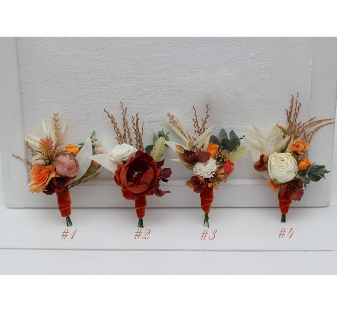  Wedding boutonnieres and wrist corsage  in burnt orange ivory color scheme. Flower accessories. 5109