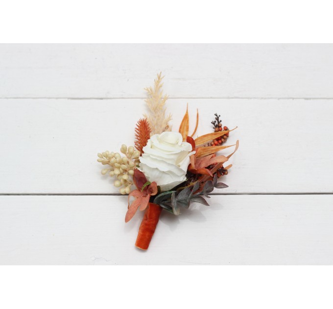  Wedding boutonnieres and wrist corsage  in burnt orange ivory  color scheme. Flower accessories.5107