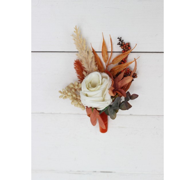  Wedding boutonnieres and wrist corsage  in burnt orange ivory  color scheme. Flower accessories.5107