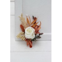  Wedding boutonnieres and wrist corsage  in burnt orange ivory  color scheme. Flower accessories.5107