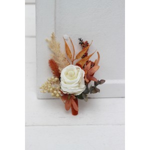  Wedding boutonnieres and wrist corsage  in burnt orange ivory  color scheme. Flower accessories.5107