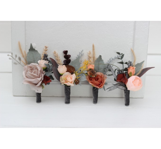  Wedding boutonnieres and wrist corsage  in gray peach brown color scheme. Flower accessories. 5106