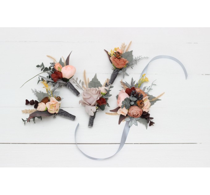  Wedding boutonnieres and wrist corsage  in gray peach brown color scheme. Flower accessories. 5106