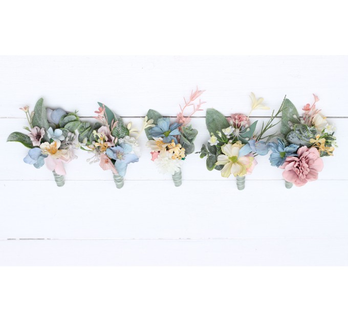 Wildflowers. Wedding boutonnieres and wrist corsage  in pink yellow dusty blue color scheme. Flower accessories. 5110