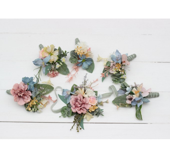Wildflowers. Wedding boutonnieres and wrist corsage  in pink yellow dusty blue color scheme. Flower accessories. 5110