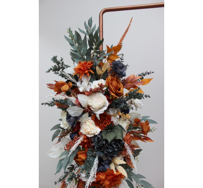 Flower arch arrangement in burnt orange ivory navy blue colors.  Arbor flowers. Floral archway. Faux flowers for wedding arch. 5111