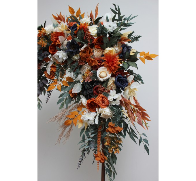  Flower arch arrangement in burnt orange ivory navy blue colors.  Arbor flowers. Floral archway. Faux flowers for wedding arch. 5111