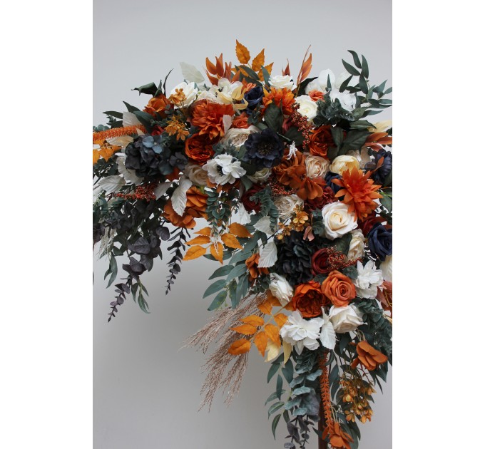  Flower arch arrangement in burnt orange ivory navy blue colors.  Arbor flowers. Floral archway. Faux flowers for wedding arch. 5111