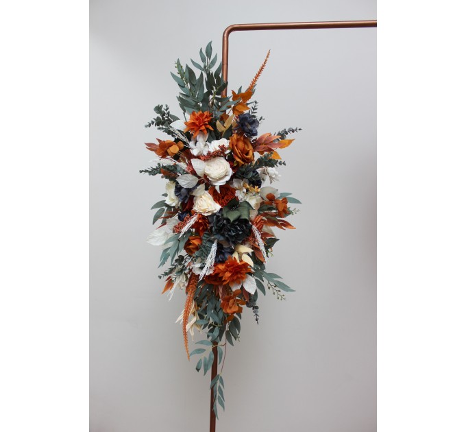  Flower arch arrangement in burnt orange ivory navy blue colors.  Arbor flowers. Floral archway. Faux flowers for wedding arch. 5111