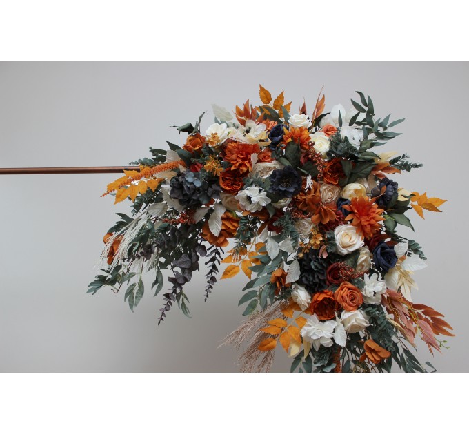  Flower arch arrangement in burnt orange ivory navy blue colors.  Arbor flowers. Floral archway. Faux flowers for wedding arch. 5111