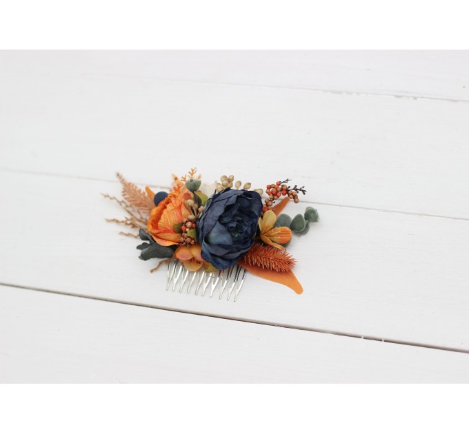 Flower comb in burnt orange ivory navy blue color scheme. Wedding accessories for hair. Bridal flower comb. Bridesmaid floral comb. 51111