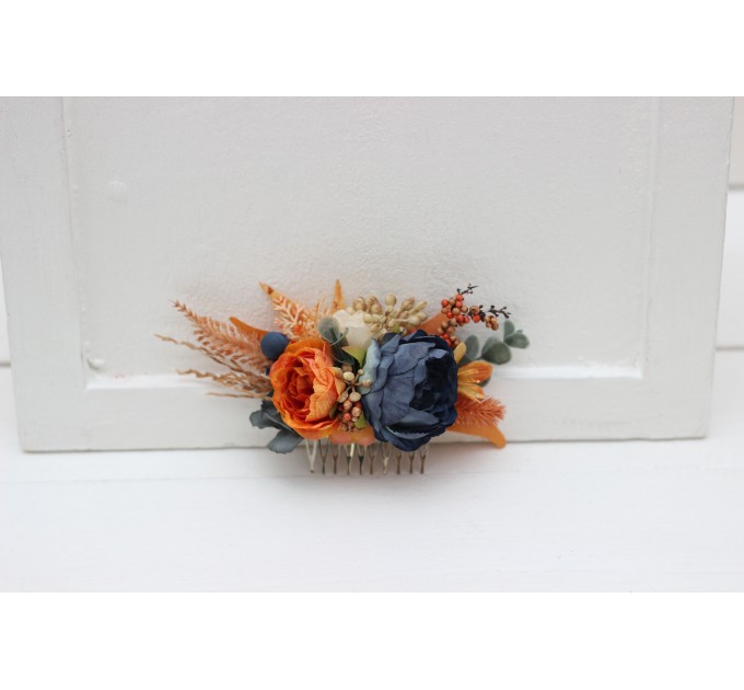 Flower comb in burnt orange ivory navy blue color scheme. Wedding accessories for hair. Bridal flower comb. Bridesmaid floral comb. 51111