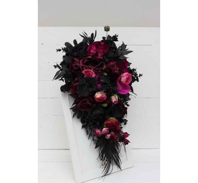 Wedding bouquets in deep purple black magenta colors. Bridal bouquet. Cascading bouquet. Faux bouquet. Bridesmaid bouquet. 5112