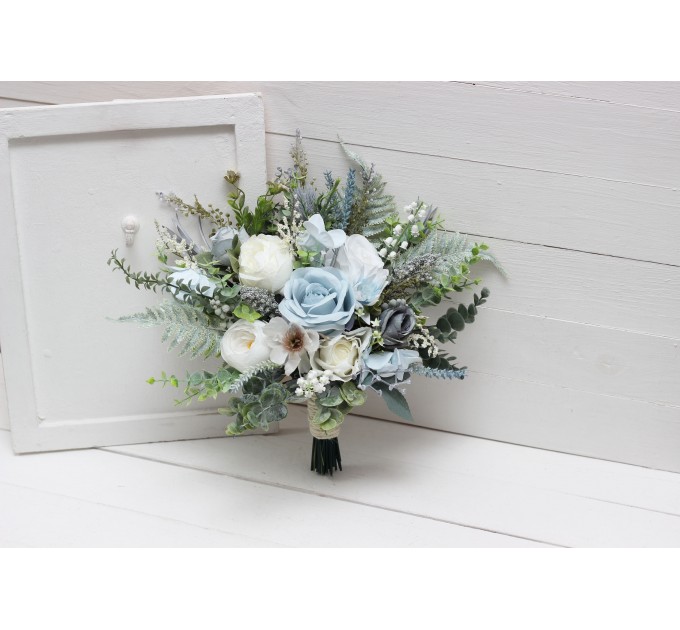 Wedding bouquets in dusty blue white colors. Bridal bouquet. Faux bouquet. Bridesmaid bouquet. 5116