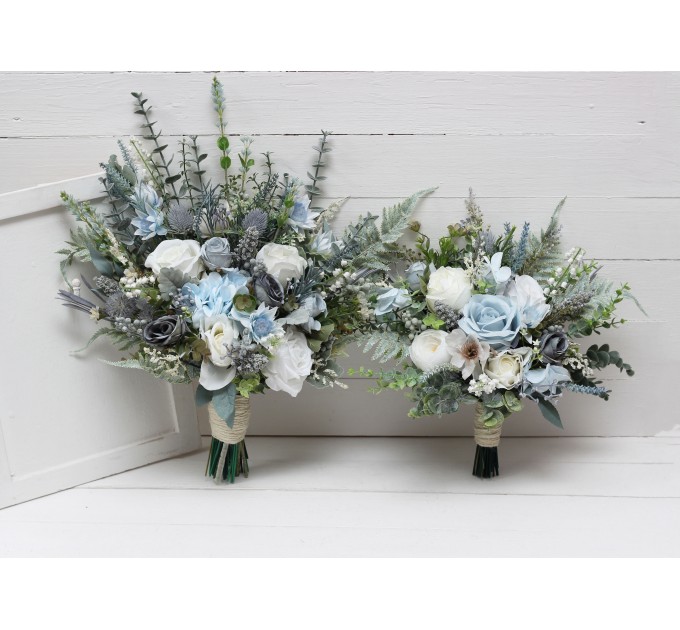 Wedding bouquets in dusty blue white colors. Bridal bouquet. Faux bouquet. Bridesmaid bouquet. 5116