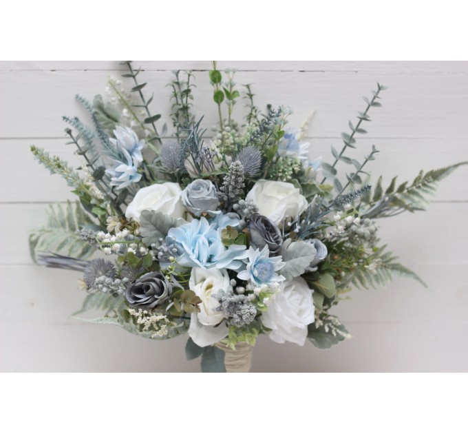 Wedding bouquets in dusty blue white colors. Bridal bouquet. Faux bouquet. Bridesmaid bouquet. 5116