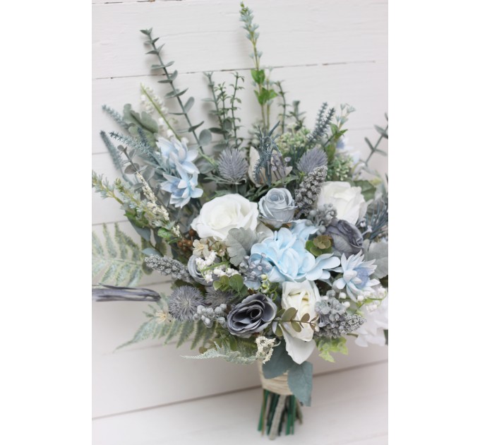 Wedding bouquets in dusty blue white colors. Bridal bouquet. Faux bouquet. Bridesmaid bouquet. 5116