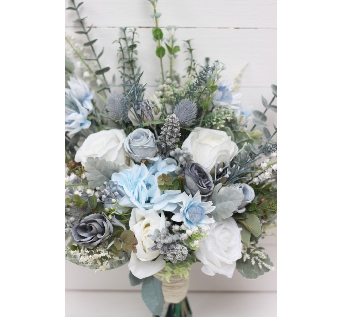 Wedding bouquets in dusty blue white colors. Bridal bouquet. Faux bouquet. Bridesmaid bouquet. 5116